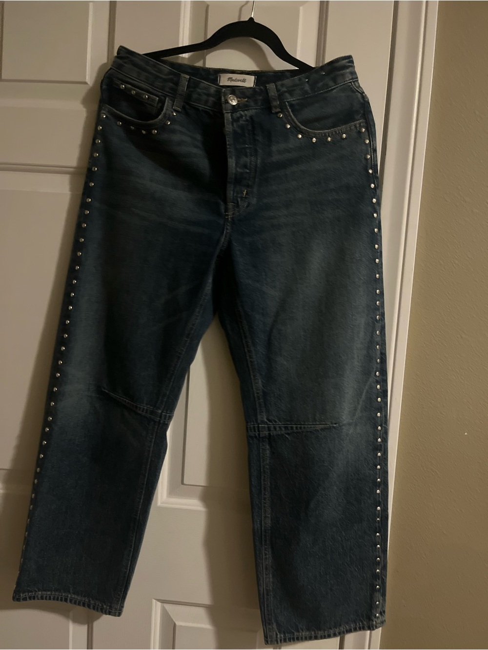 Madewell Dark Blue Barrel Jeans with Silver Stud Trim